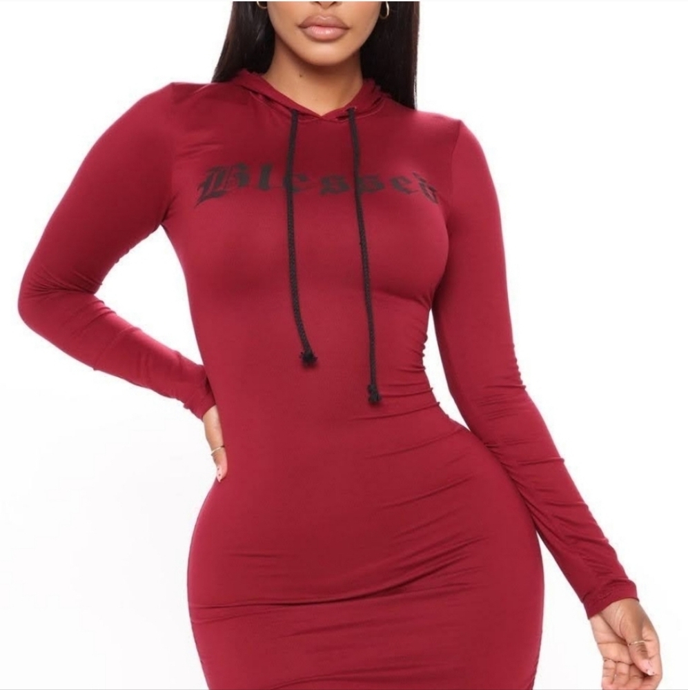 BLESSED Hoodie Sweater, Shapely Knit Dress, Floor Length, Stretch, L